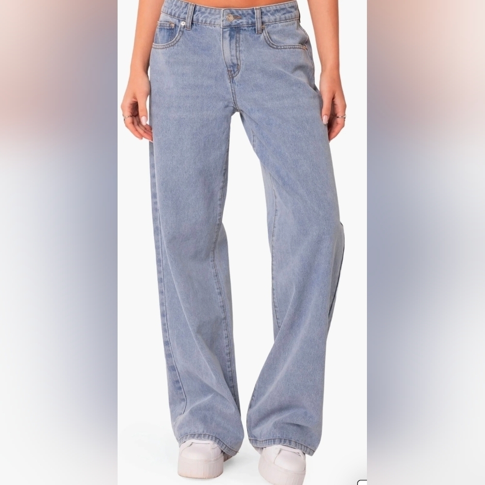 Edikted Mid Rise Wide Leg Jeans Light Wash Size MEDIUM